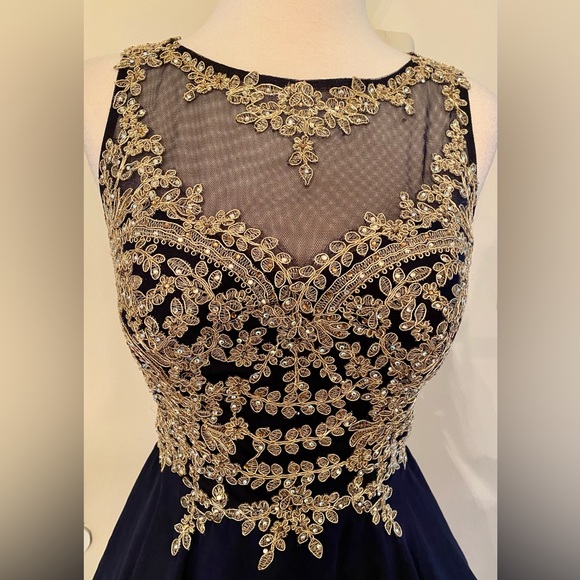 XSCAPE Gold and Navy Blue Party Dress with Beaded Accents - Picture 2 of 9
